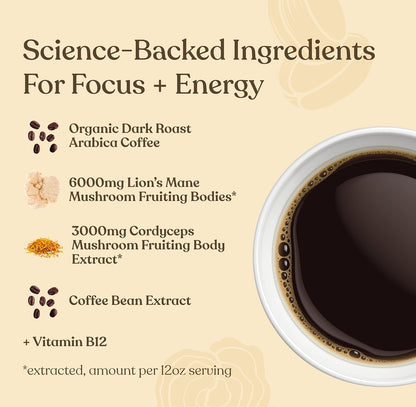Four Sigmatic Focus Max High Caffeine Cordyceps Coffee | Organic Dark Roast High Caffeine Ground Coffee with Cordyceps, Lion's Mane and B12 | Energy Booster Without the Jitters | 10oz Bag