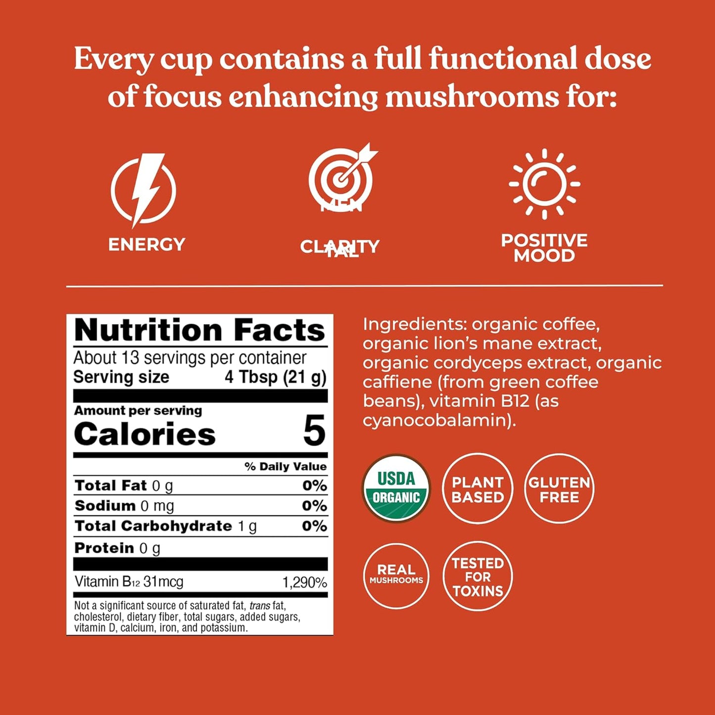 Four Sigmatic Focus Max High Caffeine Cordyceps Coffee | Organic Dark Roast High Caffeine Ground Coffee with Cordyceps, Lion's Mane and B12 | Energy Booster Without the Jitters | 10oz Bag