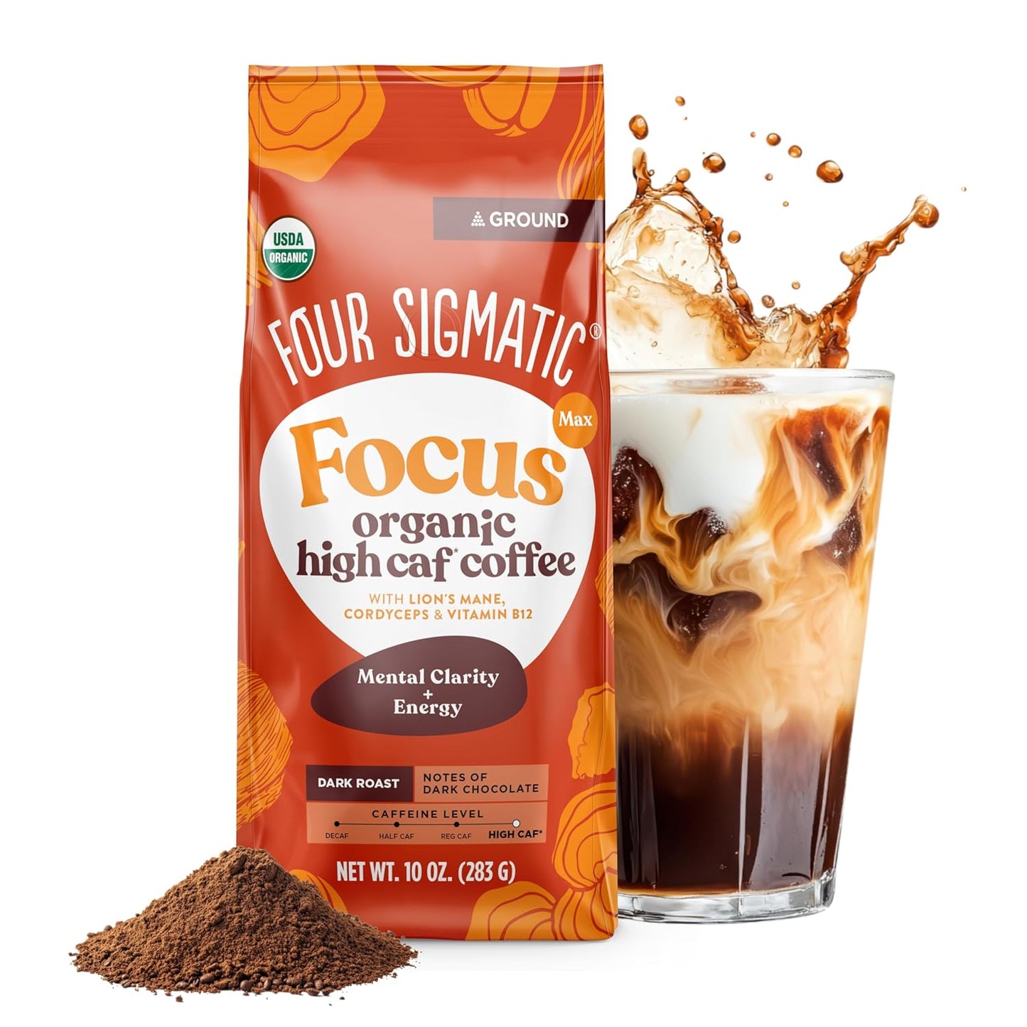 Four Sigmatic Focus Max High Caffeine Cordyceps Coffee | Organic Dark Roast High Caffeine Ground Coffee with Cordyceps, Lion's Mane and B12 | Energy Booster Without the Jitters | 10oz Bag