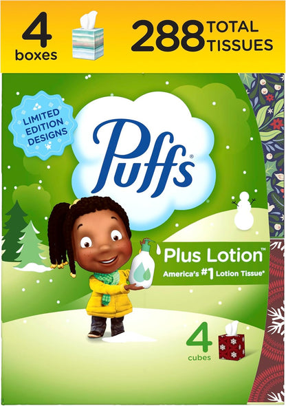 Puffs Plus Lotion Facial Tissue, 4 Mega Cube Boxes, 72 Tissues Per Box