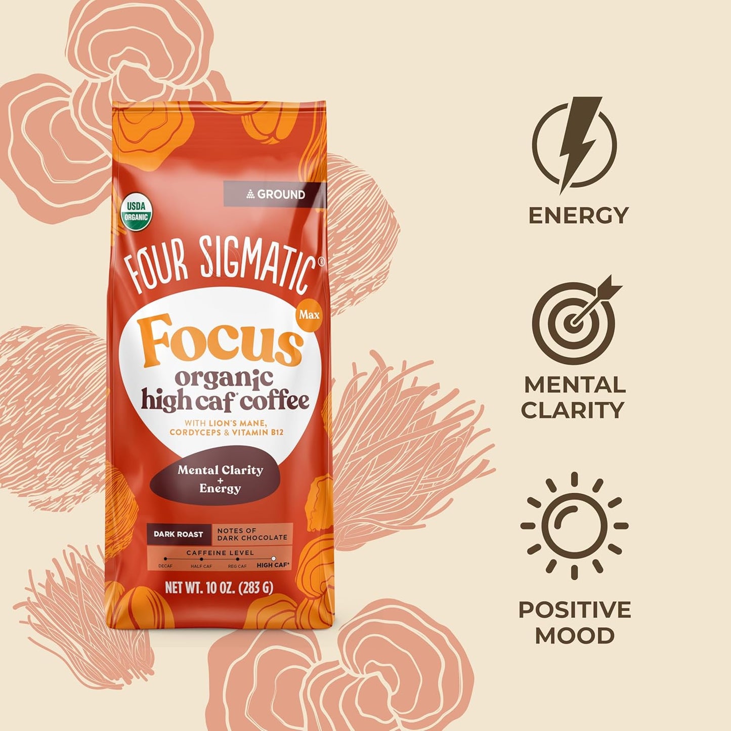 Four Sigmatic Focus Max High Caffeine Cordyceps Coffee | Organic Dark Roast High Caffeine Ground Coffee with Cordyceps, Lion's Mane and B12 | Energy Booster Without the Jitters | 10oz Bag