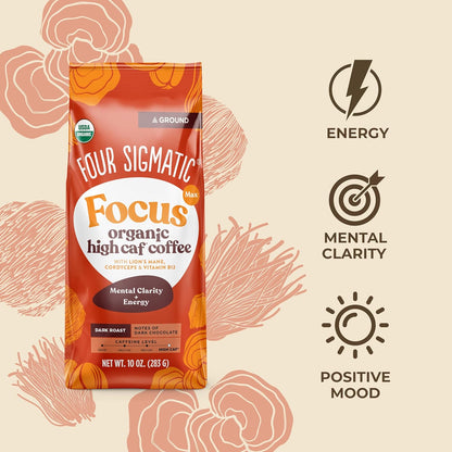 Four Sigmatic Focus Max High Caffeine Cordyceps Coffee | Organic Dark Roast High Caffeine Ground Coffee with Cordyceps, Lion's Mane and B12 | Energy Booster Without the Jitters | 10oz Bag