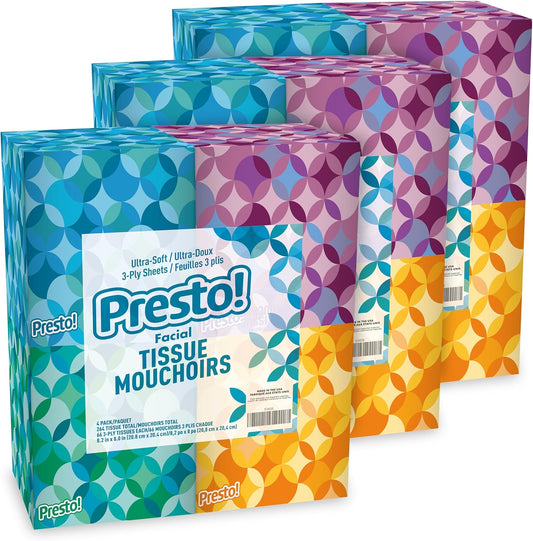 Presto! Ultra-Soft 3-Ply Premium Facial Tissues, 264 Count (12 Packs of 66), (Packaging May Vary)