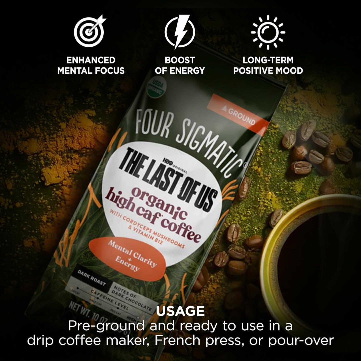 Four Sigmatic Focus Max High Caffeine Cordyceps Coffee | Organic Dark Roast High Caffeine Ground Coffee with Cordyceps, Lion's Mane and B12 | Energy Booster Without the Jitters | 10oz Bag